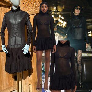 🆕 RAT & BOA 🧿 NWOT Lui Sheer Mesh Long Sleeve Mini Dress, Black - Sz L